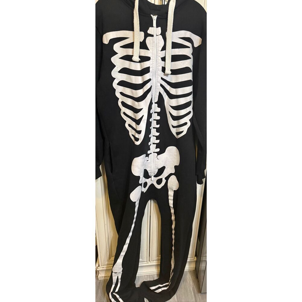Noroze Men's Skeleton Fleece Jumpsuit Pajama Halloween Costume Black White Large - Picture 7 of 10